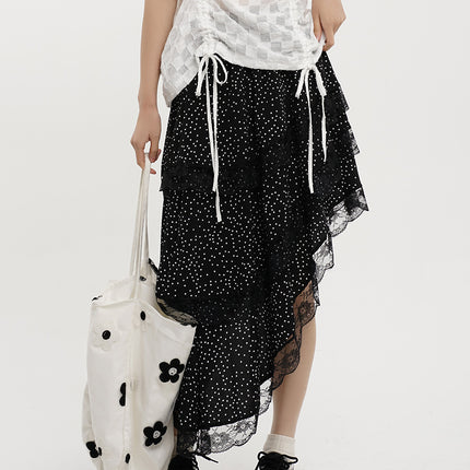 Yamamoto Summer French Style Irregular Wave Dot Skirt High Waist Lace Slant Hem Design Midi Dress