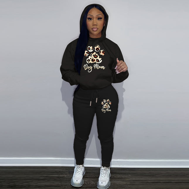 Fashion Joker Autumn and Winter Sweatshirt Sweatpants Two-Piece Leopard Pet Paw Letter Print