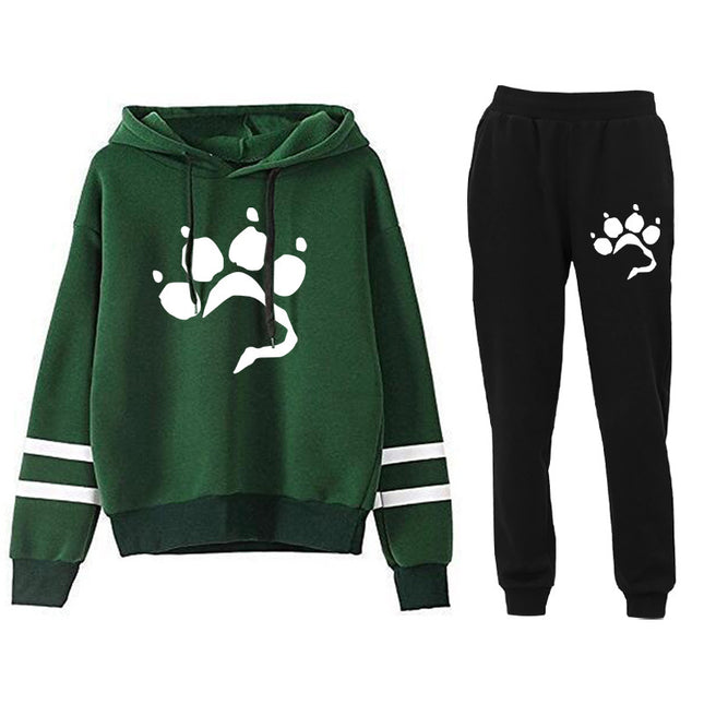 AliExpress Amazon Cross-border Love Dog Foot Print Parallel Bars Striped Print Hooded Sweatshirt suit Ladies