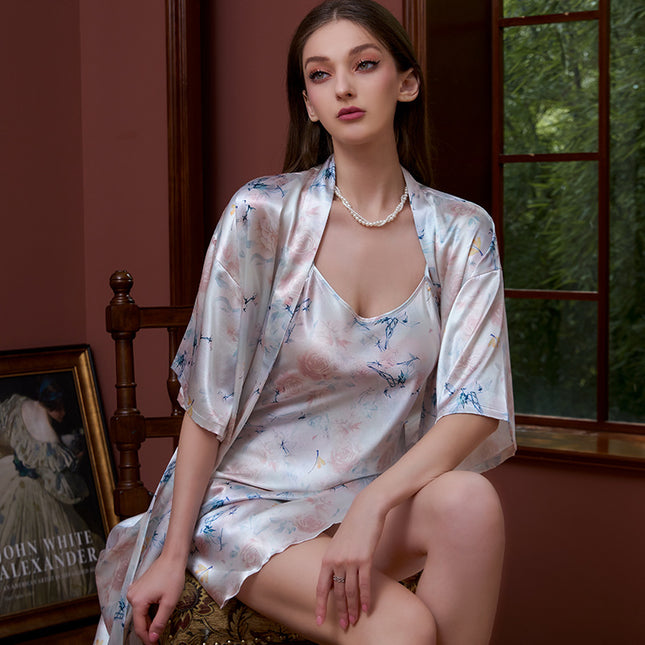 Cross-border printed nightgown suit women summer sexy ice silk middle sleeve plus size bathrobe silk bridal morning gown manufacturers wholesale