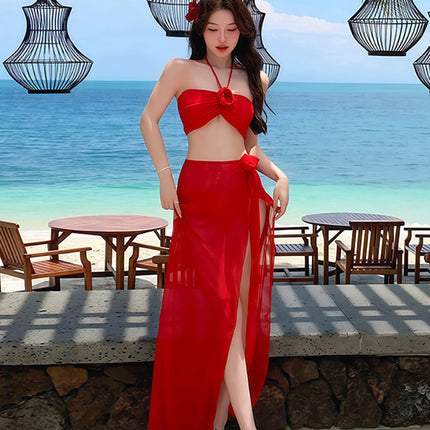 Big Red Neck Swimsuit Women's Sexy Split Bikini Three-Piece Set Skirt High-Level Small Chest Hot Spring Seaside