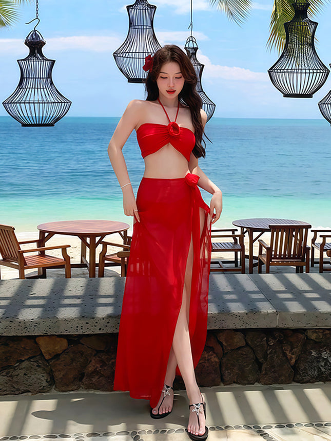 Big Red Neck Swimsuit Women's Sexy Split Bikini Three-Piece Set Skirt High-Level Small Chest Hot Spring Seaside