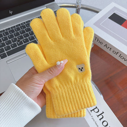 Warm Gloves for Women in Autumn and Winter to Prevent Cold and Keep Students Warm, Cute Bear Wool Knitted Touch Screen Fingers