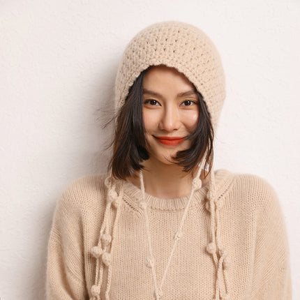 Handmade Fashionable Dirty Braid Ball Tassel Thickeneded Warm Cashmere Knitted Cut Out Toe Cap Ear Protection Hat Autumn and Winter