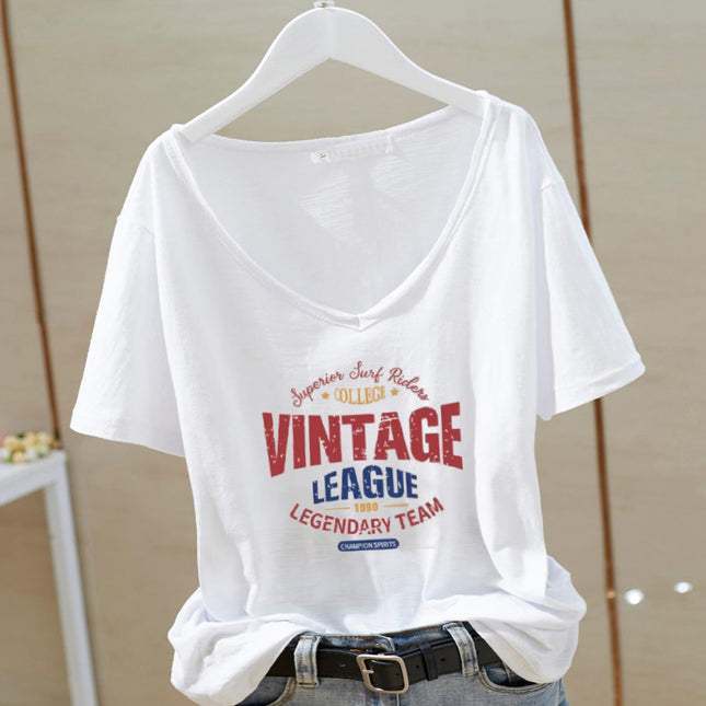 Bamboo White Right Shoulder Letter V-Neck Women's Short Sleeve T-Shirt 2025 Summer New Loose Slim Fit Versatile T-Shirt