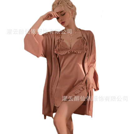 Pure Desire Nightgown Set Women's 2023 New Spring and Summer Sexy Silk Sling Side High Split Set Women's 1935