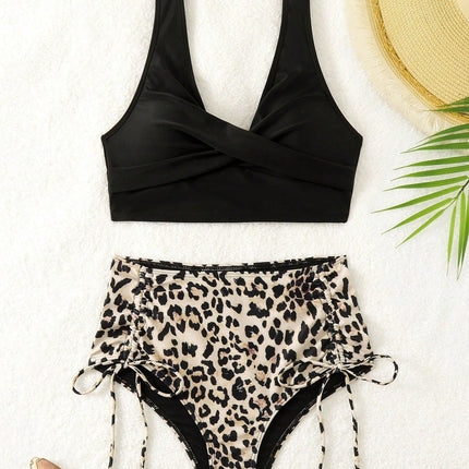 New Foreign Trade Two-Piece Swimsuit European and American Sexy Criss-Cross Ruched Bikini High-Waisted Leopard Print Swimsuit Women's Bikini