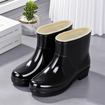 Fashionable Outdoor Water Shoes for Women, Waterproof and Non-Slip, Winter Fleece-Lined Rain Boots for Women, Warm Kitchen Work Short Rain Boots