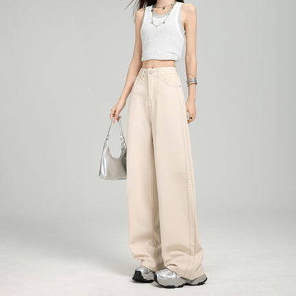Anti-Wrinkle Four-Way Stretch Ykk Loose Wide-Leg Pants Floral Summer Slimming Versatile Apricot Embossed Floor-Length Casual Jeans
