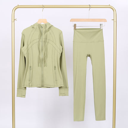Lulu Df Stamped Hooded Jacket and Cropped Pants Set, Tight-Fitting Stretch Jacket with Gold Zipper, Fitness Yoga Outfit