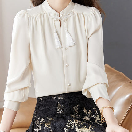 New Chinese Style Chinese Style Zen Style Improved Hanfu Long Sleeve Shirt Women's Matching Horse Face Skirt Elegant Top
