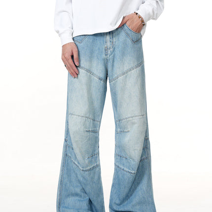 11Kn American Washed Clear Blue Bootcut Jeans for Men and Women Deconstructed Retro Straight Loose Trendy Slim Casual Pants