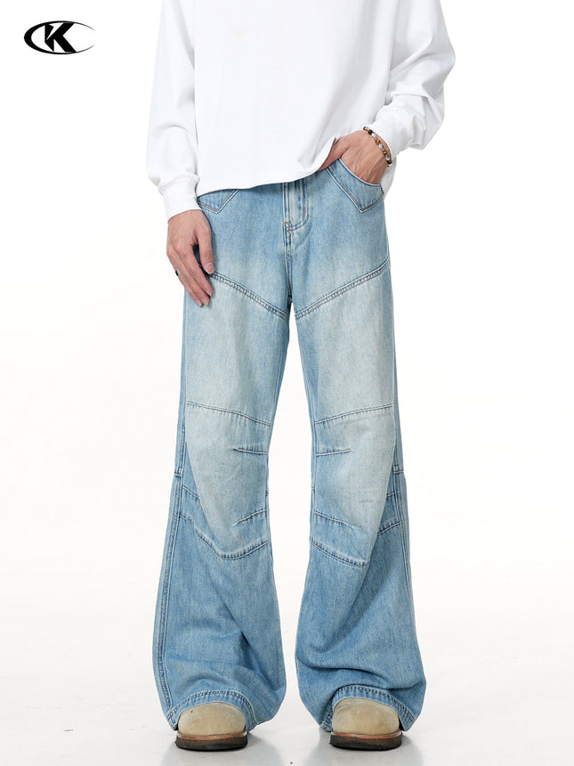11Kn American Washed Clear Blue Bootcut Jeans for Men and Women Deconstructed Retro Straight Loose Trendy Slim Casual Pants