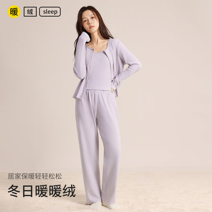 Autumn and Winter Women's Warm Pajamas, Heated Velvet Cardigan with Vest, Three-Piece Set, Simple and Comfortable Home Wear Set