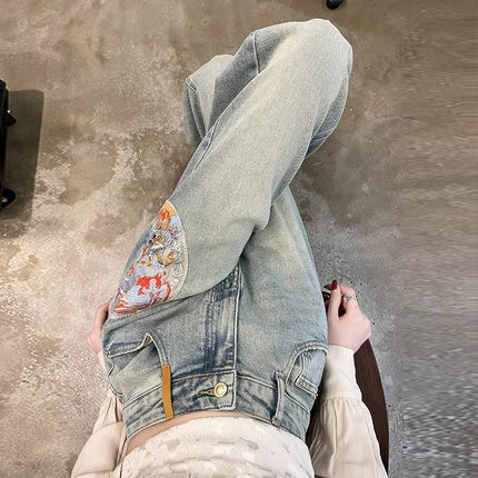 High Waist Wide Leg Jeans Women's Trendy All-match New Explosive Chinese Style Embroidered Loose Narrow Edition Straight Long Pants