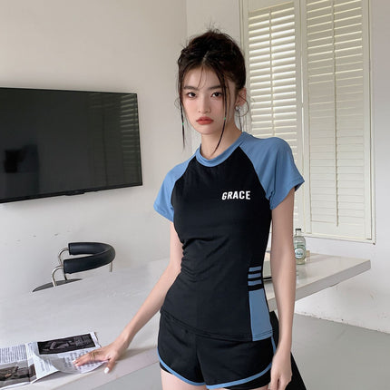 Sports Style Swimsuit for Female Students, Conservative Belly-Covering, Slimming Split, Flesh-Covering, High-Waisted Boxer Briefs, Hot Spring Swimsuit for Older Children