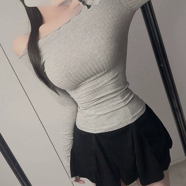 South Korea Dongdaemun Spring and Summer New Elegant Shoulder Shoulder Collar Slim Figure Tight Long Sleeve Base Shirt T-shirt