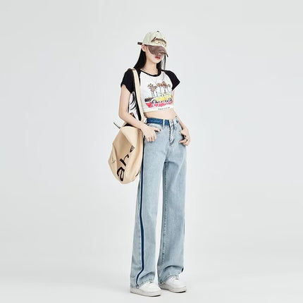 High Waist Straight Leg Jeans Women's Autumn 2024 New light blue Narrow Skinny Sag Wide Leg Pants