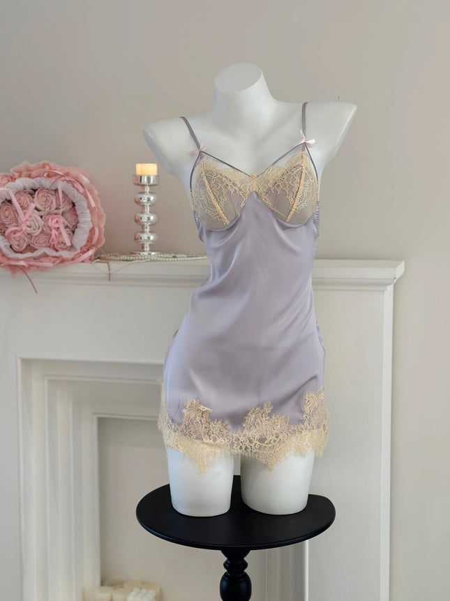 Ice Silk Satin Nightgown with Chest Pads, Lace, Pure Desire Style, Backless, Purple Sexy Nightwear, Loungewear Set with a High-End Feel