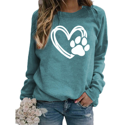 Cross-border Foreign Trade Supply Dog Feet Love Printed Round Neck Jacket Women's Long Sleeve European Size plus size Loose