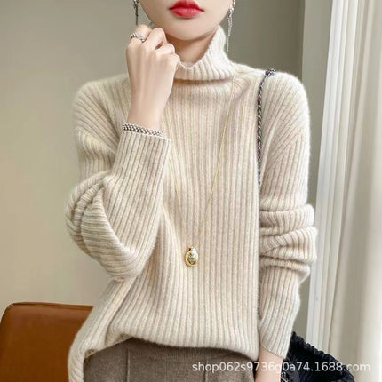 Autumn and Winter New High Collar 100 Pure Wool Sweater Women's Knitted Sweater Loose Pile Collar Warm Top Slim Base Shirt