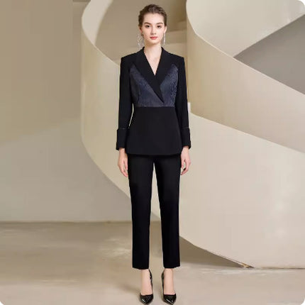 Spring and Autumn Fashion High-end Sense Satin Stitching Black Business Dress Elegant Goddess Fan Micro-pants Suit suit OL