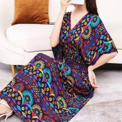 Cross-border ethnic style V-neck cotton silk short-sleeved beach skirt Thailand travel dress summer printed holiday floral skirt