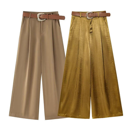 Silk Satin Straight Pants Belt European and American Fashion Versatile Summer Casual Khaki Green Yellow Button Simple