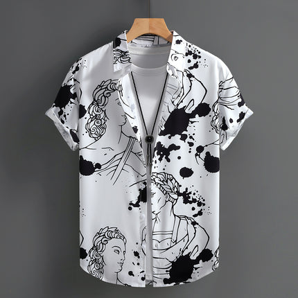 Casual Men's Black and White Character Men's Short-sleeved Shirt Men's Shirt Summer 2025 New Hawaii Vacation