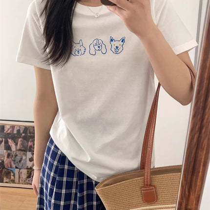 White Simple Dog Print Short-sleeved T-shirt Women's Summer New Cotton Loose Lazy Style Slimming Half-sleeved Top