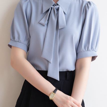 Commuter White Shirt Women's Bow Ribbon Chiffon Summer New Puff Sleeve Professional Interview Dress Short Sleeve Shirt