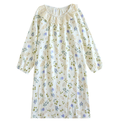 Spring and Autumn Cotton Double-layer Crepe Lace Collar Long-sleeve Pullover Printed Dress Summer Loose Thin Yarn Round Neck Home Clothes