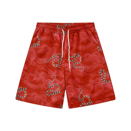 Cross-border Trade Trendy Brand Retro Year of the Snake Xiangyun Loose Beach Shorts Full Print Couple High Street Casual Pants Two-piece Set