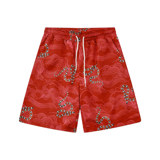 Cross-border Trade Trendy Brand Retro Year of the Snake Xiangyun Loose Beach Shorts Full Print Couple High Street Casual Pants Two-piece Set