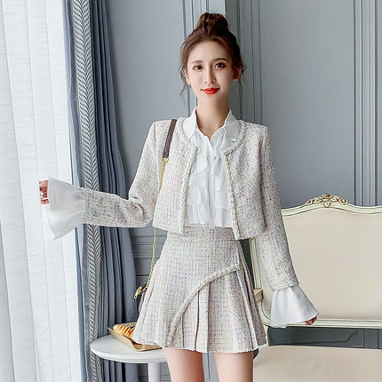 New Tweed Jacket with a Chanel-Inspired Style, Pleated High-Waisted Skirt, and Shirt Three-Piece Set with a High-End Feel for Winter