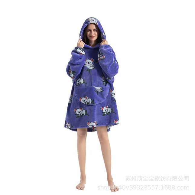 Cross-border New Printed Flannel Pullover Adult Cotton Velvet Lazy Clothing Cape Nightgown Warm Thickened Cold-proof Clothing