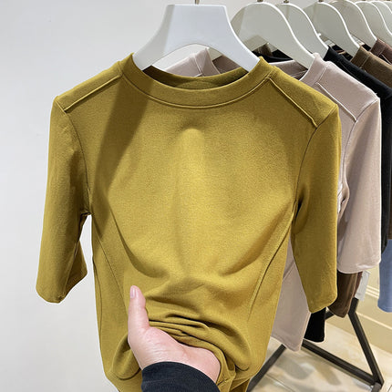 Fishbone Short-Sleeved T-Shirt for Women 2025 Spring New Design Sense of Design Slimming Look Elastic Mid-Sleeve Top T-Shirt