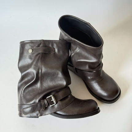 2025 Autumn Women's Short Boots Round Toe Martin Boots with Belt Buckle Fashionable Versatile Height-Increasing Women's Boots Artistic Retro Chunky Heel