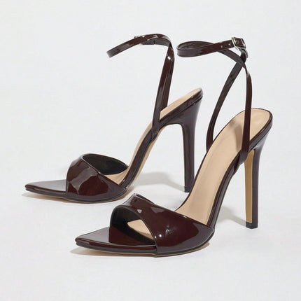Factory Wholesale Cross-Border European and American Women's Patent Leather Pointed Toe Stiletto Sandals Coffee Brown High Heels