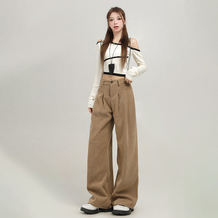 4 Color Corduroy Pleated Wide Leg Casual Pants Women's 2024 Autumn and Winter New High Waist Loose Slimming Straight Pants