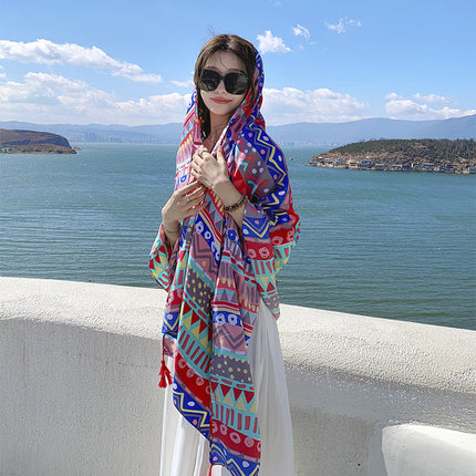 Korean style fresh color line color matching cotton and linen hand scarf ethnic style travel outside shawl sunscreen beach towel