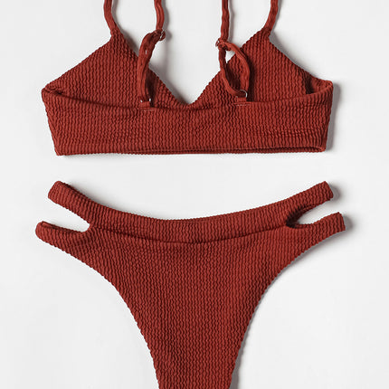 Billion Swimming 2024 New Solid Color Wave Rib Hollow Sexy Bikini Split Women's Cross-border Swimsuit