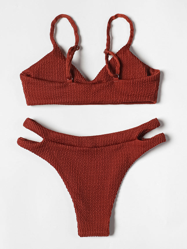 Billion Swimming 2024 New Solid Color Wave Rib Hollow Sexy Bikini Split Women's Cross-border Swimsuit