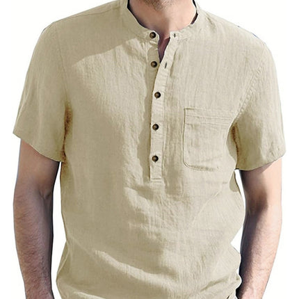 Foreign Trade Cross-Border Men's Henry Collar Solid Color Pocket Short-Sleeved Shirt Amazon European and American Men's Cotton and Linen Shirts