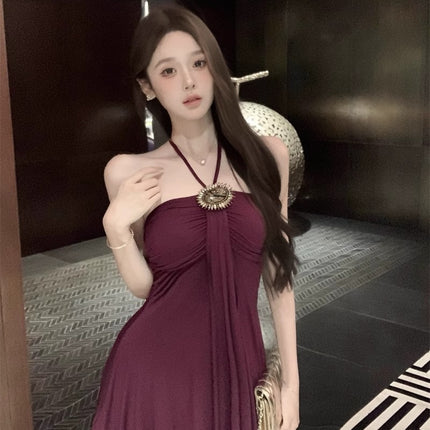Elegant and Sexy Waist-Cinching French-Style A-Line Short Dress, 2025 Summer New Retro Purple Slim-Fit Dress