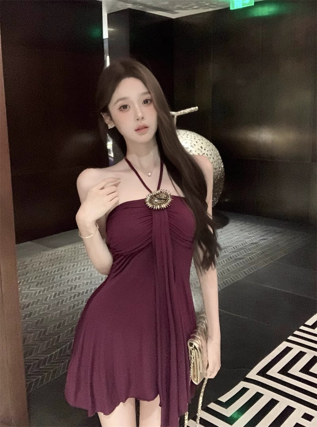 Elegant and Sexy Waist-Cinching French-Style A-Line Short Dress, 2025 Summer New Retro Purple Slim-Fit Dress