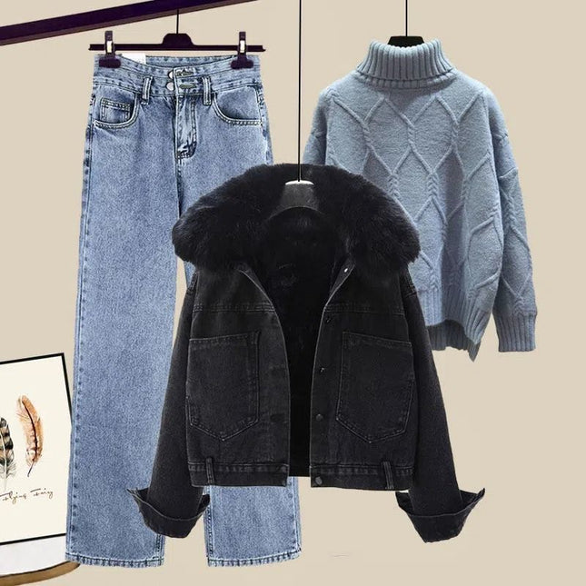 Autumn and Winter Suits for Women 2025 New Style Velvet Thickeneded Denim Jacket Slimming Look Jeans Three-Piece Street Set