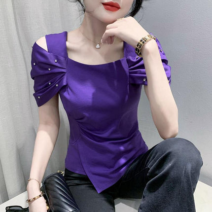 European goods 2024# European goods summer new nail drill pleated sleeve shoulder high quality women's fashion T-shirt small shirt generation