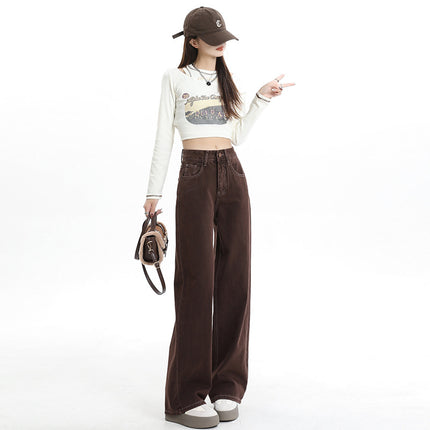 Brown High-Waisted Wide-Leg Jeans for Women, Autumn New Loose Slimming Design with Drapey Straight-Leg Floor-Length Pants
