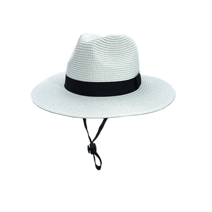 Panama Men's and Women's Straw Top Hat with Three-fold Ribbon Removable Windproof Rope Paper Weaved Straw Sun Hat Sunscreen Big Edge Straw Hat
